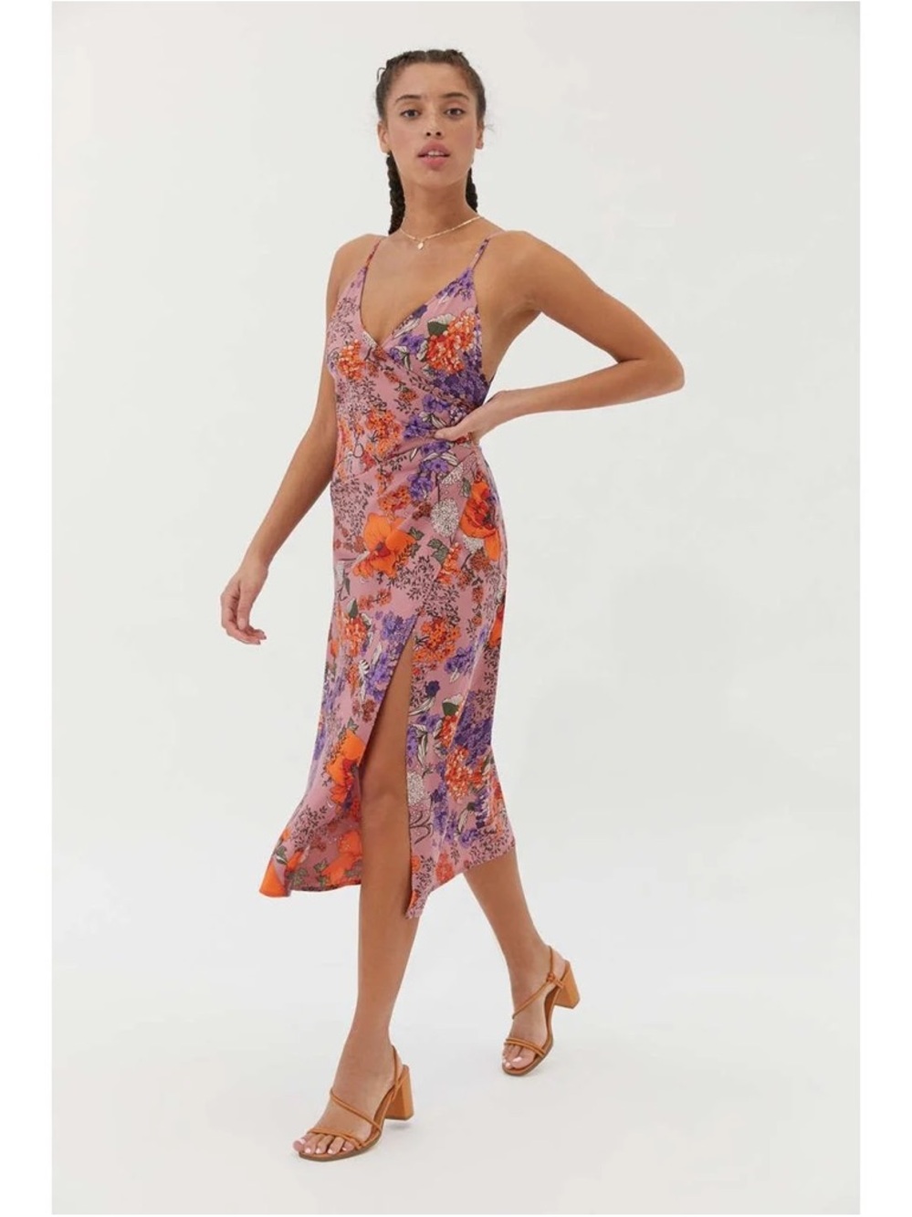 Urban Outfitters Floral Slip Midi Dress in Pink and Orange